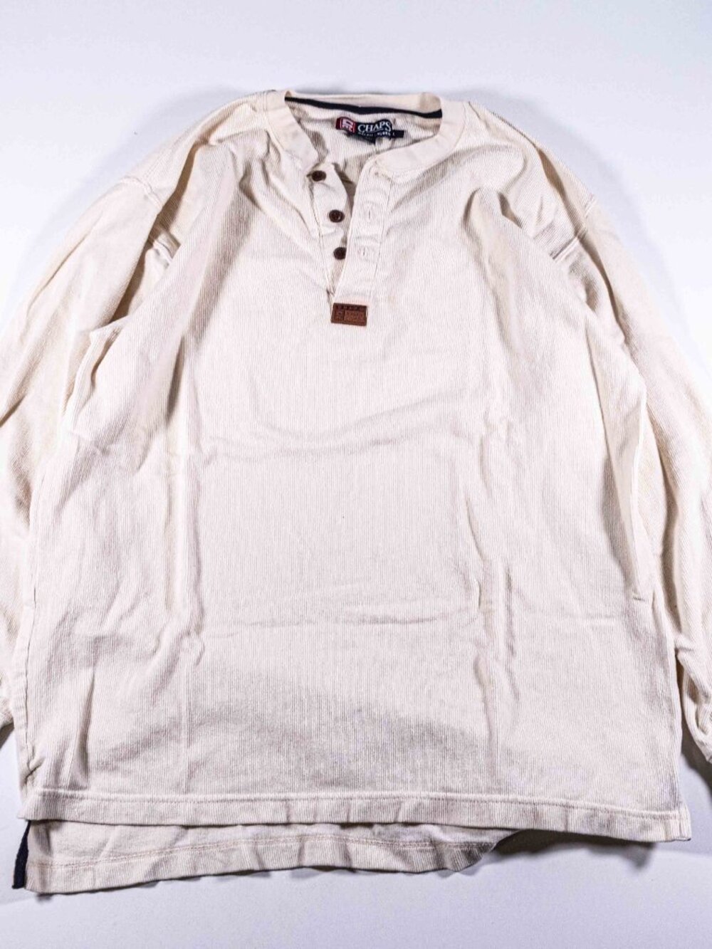 Vintage 90s Chaps Ralph Lauren Ribbed Henley Shirt Mens Large Long Sleeve Beige